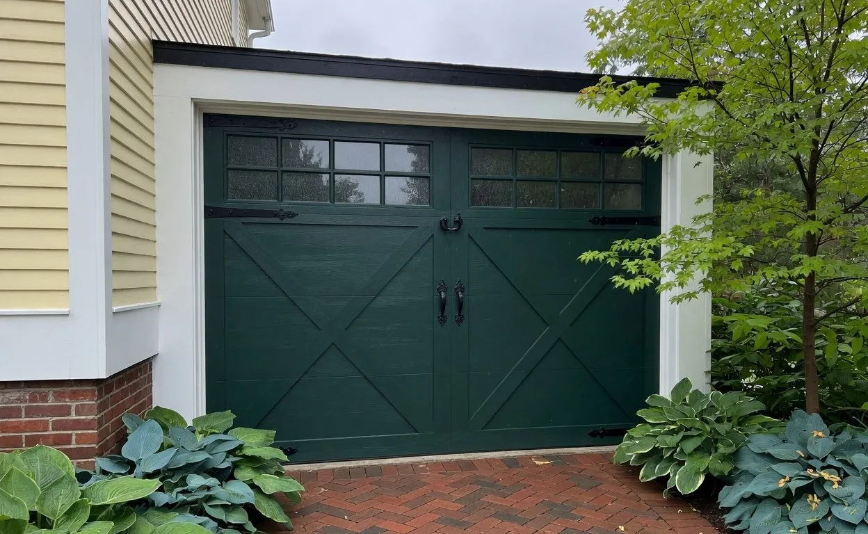 Carriage-house style garage door with windows and dark hardware on a New England house