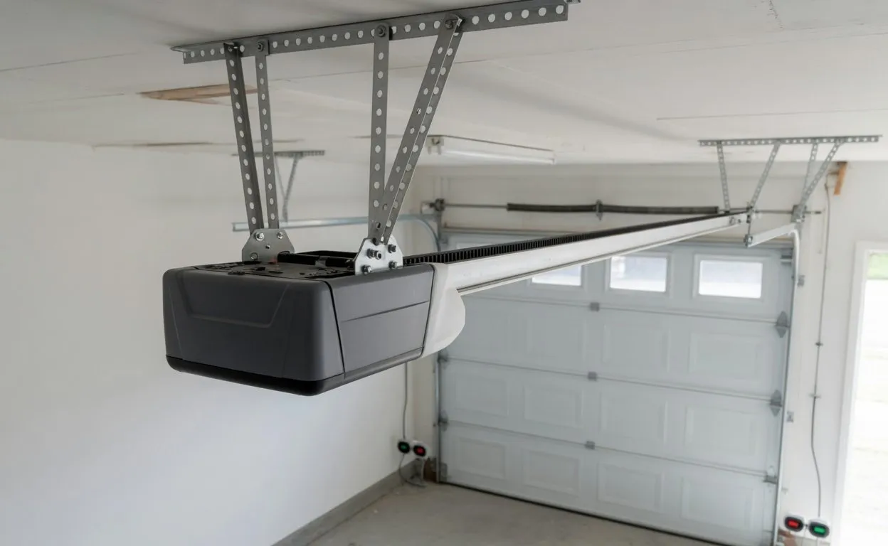 Belt-drive garage door opener mounted to a garage ceiling, with the rail running toward a closed sectional door
