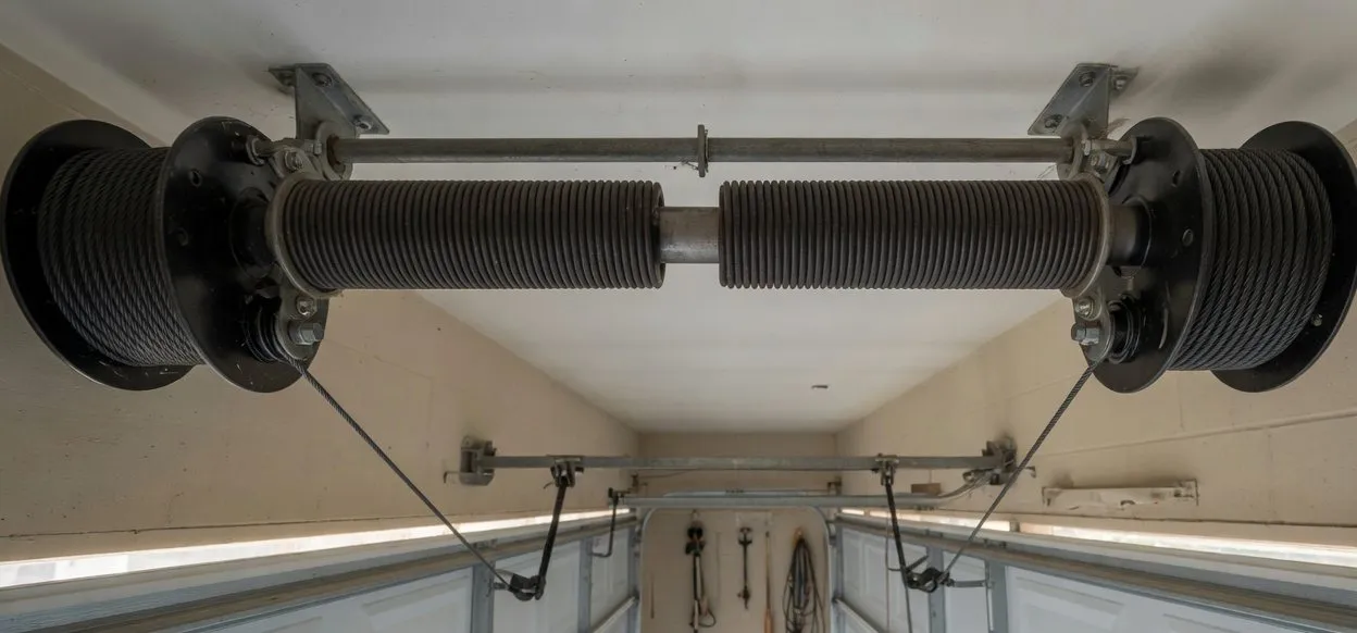 Torsion springs, cable drums, and lift cables mounted above a residential garage door